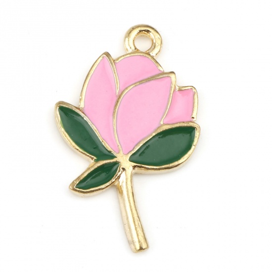 Picture of Zinc Based Alloy Flora Collection Charms Gold Plated Pink Flower Enamel 24mm x 15mm, 10 PCs