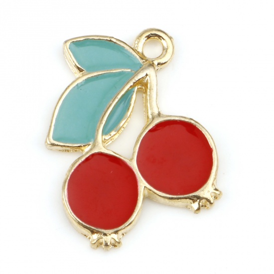 Picture of Zinc Based Alloy Flora Collection Charms Gold Plated Red & Green Cherry Fruit Enamel 20mm x 15mm, 10 PCs