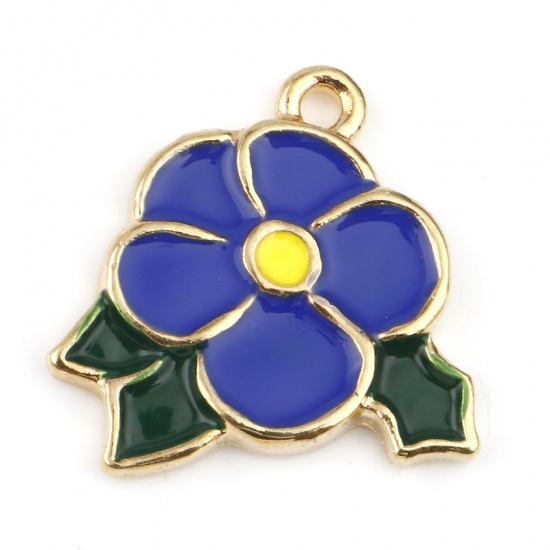 Picture of Zinc Based Alloy Flora Collection Charms Gold Plated Green & Dark Blue Flower Enamel 20mm x 19mm, 10 PCs