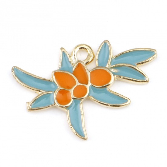 Picture of Zinc Based Alloy Flora Collection Charms Gold Plated Green & Orange Flower Enamel 26mm x 17mm, 10 PCs
