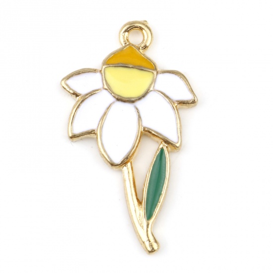 Picture of Zinc Based Alloy Flora Collection Charms Gold Plated White Flower Enamel 27mm x 16mm, 10 PCs
