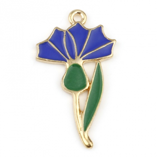 Picture of Zinc Based Alloy Flora Collection Charms Gold Plated Green & Dark Blue Flower Enamel 3.1cm x 1.7cm, 10 PCs