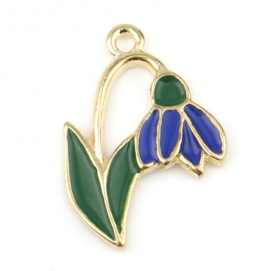 Picture of Zinc Based Alloy Flora Collection Charms Gold Plated Green & Dark Blue Flower Enamel 23mm x 16mm, 10 PCs