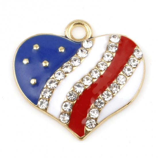 Picture of Zinc Based Alloy Sport Charms Gold Plated Multicolor Heart Flag Of The United States Enamel Clear Rhinestone 20mm x 19mm, 2 PCs
