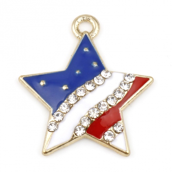 Picture of Zinc Based Alloy Sport Charms Gold Plated Multicolor Pentagram Star Flag Of The United States Enamel Clear Rhinestone 22mm x 20mm, 2 PCs