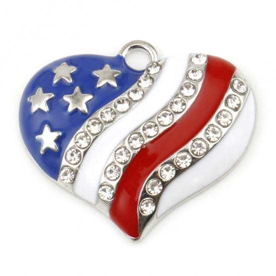 Picture of Zinc Based Alloy Sport Charms Silver Tone Multicolor Heart Flag Of The United States Enamel Clear Rhinestone 29mm x 25mm, 2 PCs