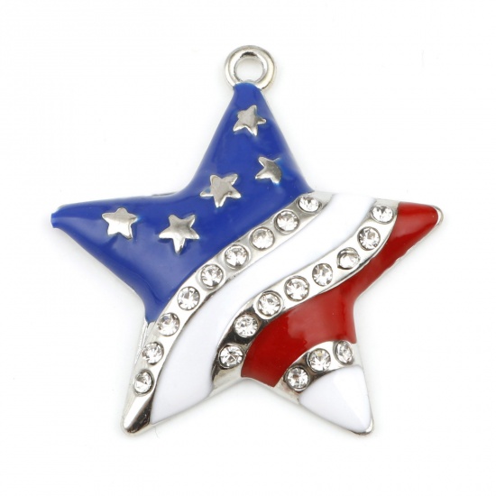Picture of Zinc Based Alloy Sport Pendants Silver Tone Multicolor Pentagram Star Flag Of The United States Enamel Clear Rhinestone 3.3cm x 3.2cm, 2 PCs
