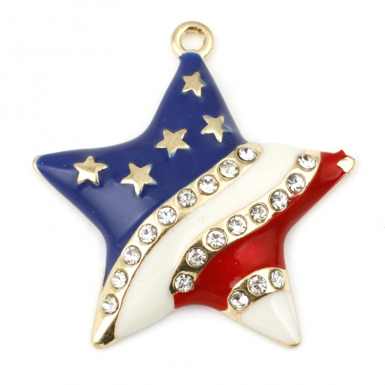 Picture of Zinc Based Alloy Sport Pendants Gold Plated Multicolor Pentagram Star Flag Of The United States Enamel Clear Rhinestone 3.3cm x 3.2cm, 2 PCs