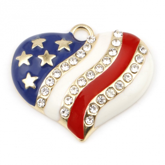 Picture of Zinc Based Alloy Sport Charms Gold Plated Multicolor Heart Flag Of The United States Enamel Clear Rhinestone 29mm x 25mm, 2 PCs