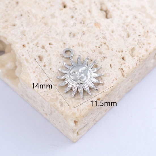 Image de Breloques en 304 Acier Inoxydable Galaxie Soleil Argent Mat Visage Souriant 14mm x 11.5mm , 1 Pièce
