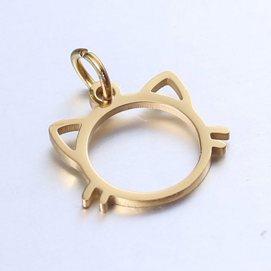 Bild von 304 Edelstahl Haustier Silhouette Charms Katze Vergoldet Hohl 18mm x 13mm, 1 Stück