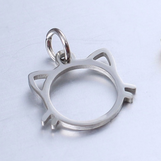 Bild von 304 Edelstahl Haustier Silhouette Charms Katze Silberfarbe Hohl 18mm x 13mm, 1 Stück