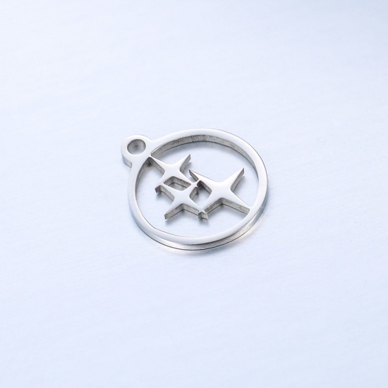 Image de Breloques en 304 Acier Inoxydable Galaxie Rond Argent Mat Etoiles de 4 Branches Creux 14mm x 12mm , 1 Pièce