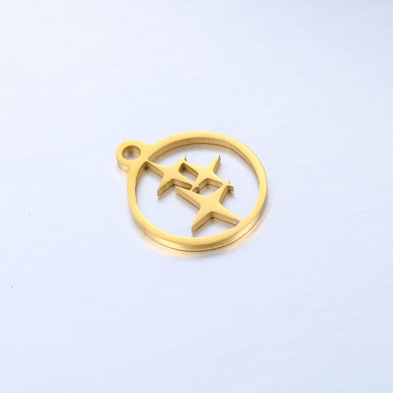 Image de Breloques en 304 Acier Inoxydable Galaxie Rond Doré Etoiles de 4 Branches Creux 14mm x 12mm , 1 Pièce