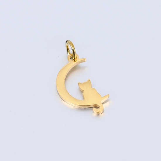Picture of 304 Stainless Steel Pet Silhouette Charms Gold Plated Half Moon Cat Polished 21mm x 10.5mm, 1 Piece