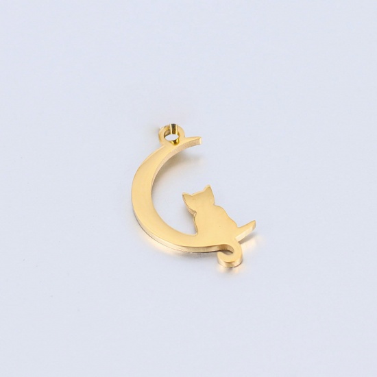 Picture of 304 Stainless Steel Pet Silhouette Charms Gold Plated Half Moon Cat Polished 16mm x 10.5mm, 1 Piece