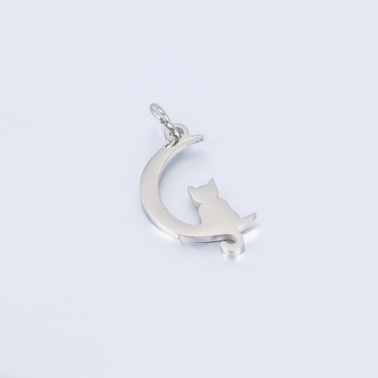 Picture of 304 Stainless Steel Pet Silhouette Charms Silver Tone Half Moon Cat Polished 21mm x 10.5mm, 1 Piece