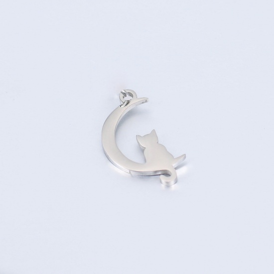 Picture of 304 Stainless Steel Pet Silhouette Charms Silver Tone Half Moon Cat Polished 16mm x 10.5mm, 1 Piece