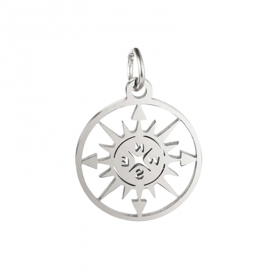 Image de Breloques en 304 Acier Inoxydable Voyage Rond Argent Mat Boussole Creux 20mm x 15mm , 1 Pièce