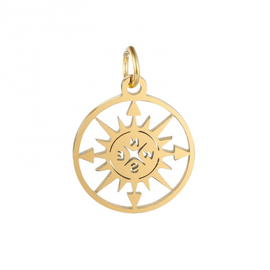Image de Breloques en 304 Acier Inoxydable Voyage Rond Doré Boussole Creux 20mm x 15mm , 1 Pièce
