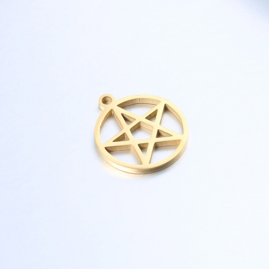 Imagen de 304 Acero Inoxidable Colgantes Charms Ronda Chapado en Oro Estrellas de cinco puntos Hueco 17mm x 15mm, 1 Unidad