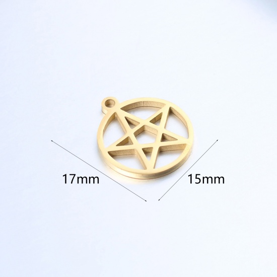Imagen de 304 Acero Inoxidable Colgantes Charms Ronda Chapado en Oro Estrellas de cinco puntos Hueco 17mm x 15mm, 1 Unidad