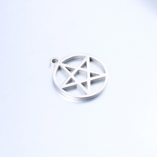Imagen de 304 Acero Inoxidable Colgantes Charms Ronda Tono de Plata Estrellas de cinco puntos Hueco 17mm x 15mm, 1 Unidad