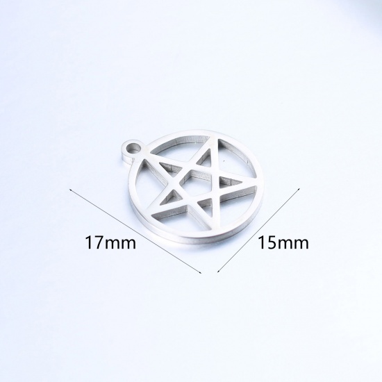 Imagen de 304 Acero Inoxidable Colgantes Charms Ronda Tono de Plata Estrellas de cinco puntos Hueco 17mm x 15mm, 1 Unidad