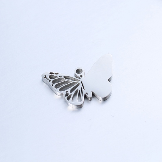 Picture of 304 Stainless Steel Insect Charms Silver Tone Butterfly Animal Hollow 18mm x 12mm, 1 Piece