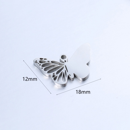 Picture of 304 Stainless Steel Insect Charms Silver Tone Butterfly Animal Hollow 18mm x 12mm, 1 Piece