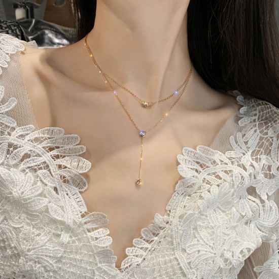 Picture of 1 Piece Vacuum Plating Stainless Steel Choker Necklace 18K Gold Color Round Clear Cubic Zirconia 39cm(15 3/8") long