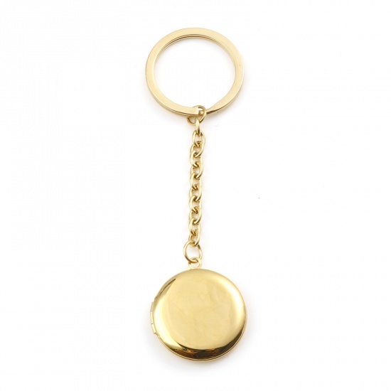 Bild von Stainless Steel Picture Photo Frame Locket Keychain & Keyring Gold Plated Round Blank Stamping Tags One Side 10.8cm x 3cm, 1 Piece