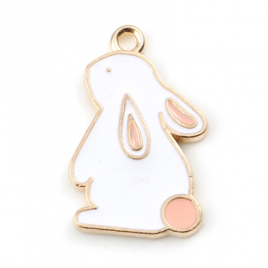 Picture of Zinc Based Alloy Cute Charms Gold Plated White Rabbit Enamel 22mm x 14mm, 5 PCs
