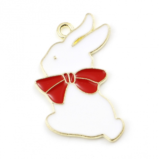 Изображение Цинковый Сплав Милый Подвески Позолоченный Белый & Красный Кролик С Эмалью 3.2см x 2.4см, 5 ШТ