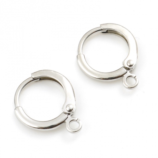 Picture of Brass Lever Back Clips Earrings Silver Tone Round W/ Loop 14mm x 12mm, Post/ Wire Size: (20 gauge), 6 PCs                                                                                                                                                     