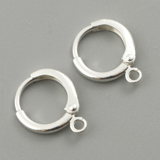 Picture of Brass Lever Back Clips Earrings Silver Plated Round W/ Loop 14mm x 12mm, Post/ Wire Size: (20 gauge), 6 PCs                                                                                                                                                   