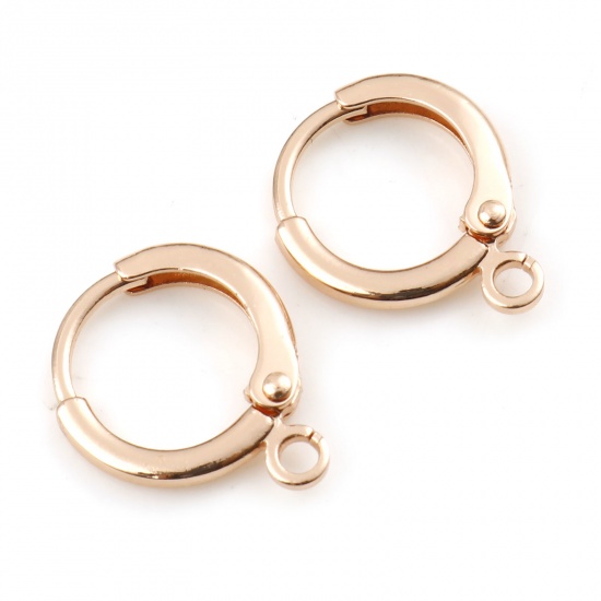 Picture of Brass Lever Back Clips Earrings Rose Gold Round W/ Loop 14mm x 12mm, Post/ Wire Size: (20 gauge), 6 PCs                                                                                                                                                       