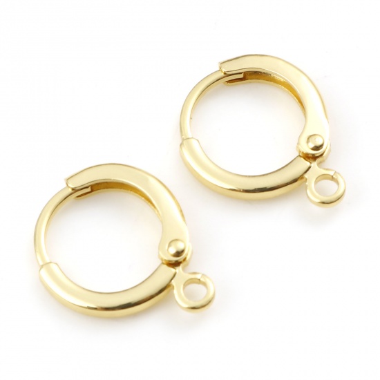 Picture of Brass Lever Back Clips Earrings 18K Gold Color Round With Loop 14mm x 12mm, Post/ Wire Size: (20 gauge), 6 PCs                                                                                                                                                
