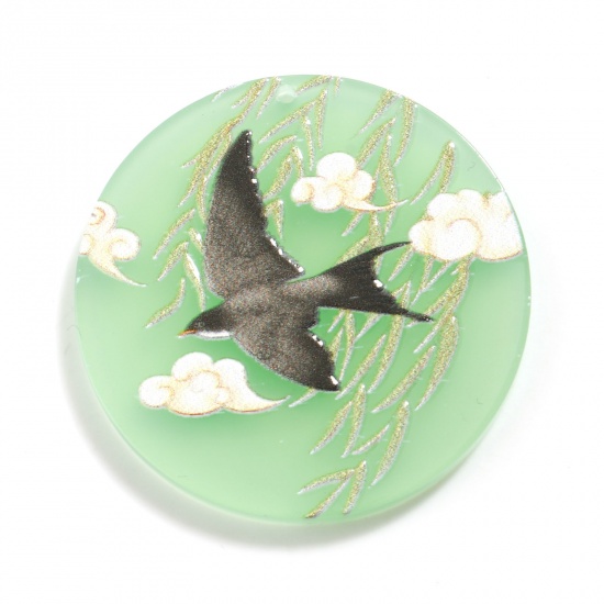 Picture of Acrylic Pendants Round Green Swallow Printed 3.8cm Dia., 5 PCs