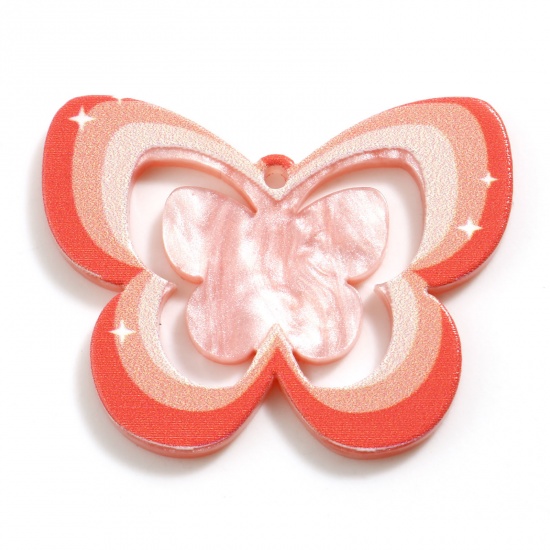 Picture of Acrylic Insect Pendants Butterfly Animal Orange Pink Hollow Stripe 3.5cm x 2.7cm, 5 PCs