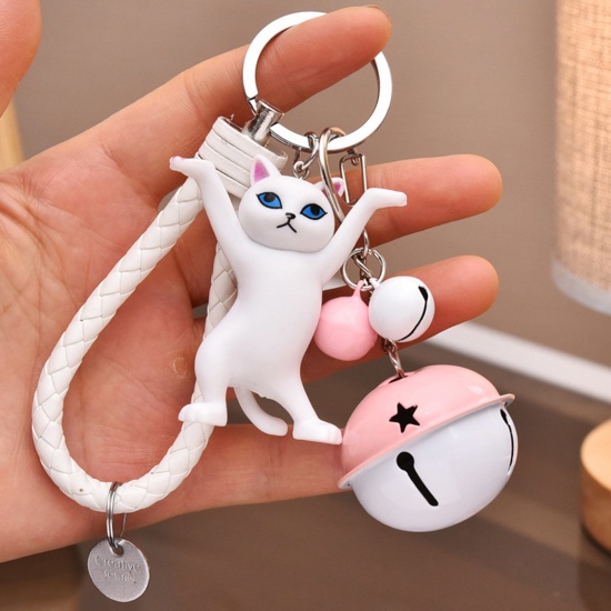 Picture of Vinyl Cute Keychain & Keyring Silver Tone White Cat Animal Bell 14.2cm, 1 Piece