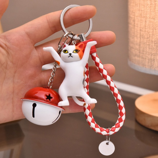 Picture of Vinyl Cute Keychain & Keyring Silver Tone White & Orange Cat Animal Bell 14.2cm, 1 Piece