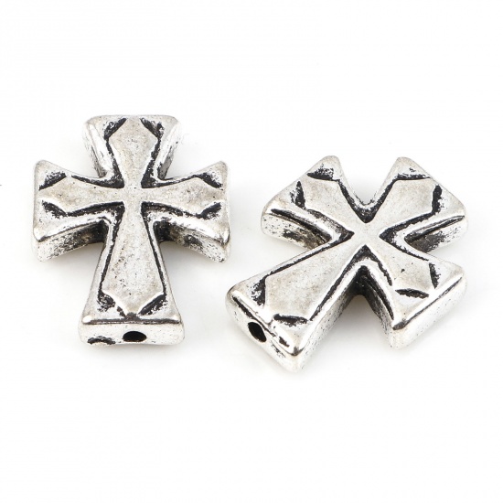 Immagine di Lega di Zinco Religione Perline Argento Antico Croce Circa 13mm x 10mm, Foro:Circa 1mm, 20 Pz
