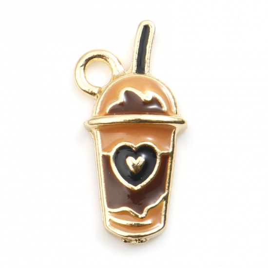 Picture of Zinc Based Alloy Charms Gold Plated Brown Cup Beverages Enamel 21mm x 11mm, 10 PCs