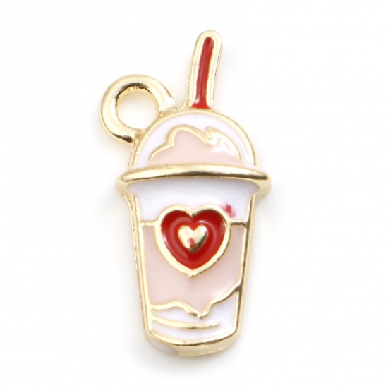 Picture of Zinc Based Alloy Charms Gold Plated Pink Cup Beverages Enamel 21mm x 11mm, 10 PCs