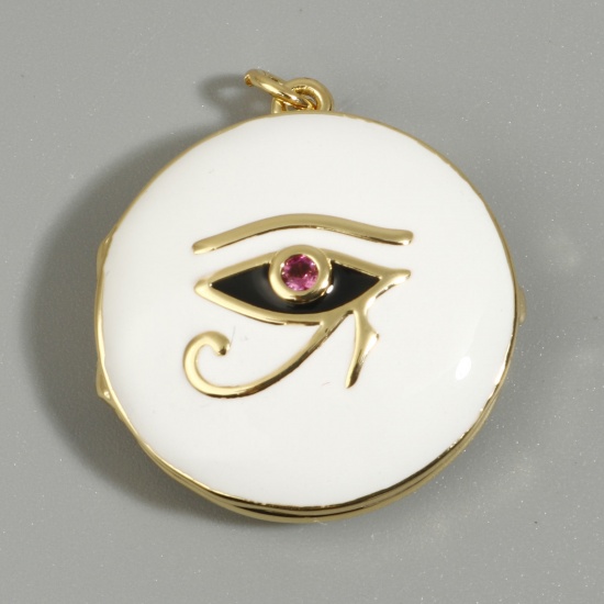 Immagine di Ottone Religione Ciondoli Oro Placcato Bianco Tondo L'occhio di Horus Smalto Rosso Strass 3cm x 2.5cm, 1 Pz                                                                                                                                                   