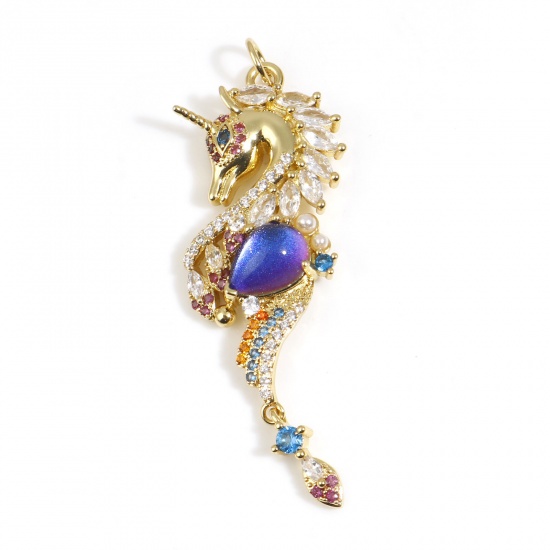 Picture of Brass Ocean Jewelry Pendants Gold Plated Blue Violet Seahorse Animal Micro Pave Multicolor Rhinestone 5cm x 1.6cm, 1 Piece                                                                                                                                    