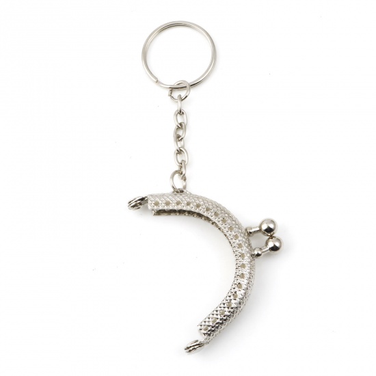 Picture of Iron Based Alloy Kiss Clasp Purse Frame Handles With Keychain Half Round Silver Tone 5.4cm x 4.4cm, 2 PCs