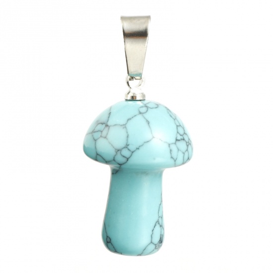 Picture of Turquoise ( Natural ) Pendants Silver Tone Green Blue Mushroom 3.2cm x 1.5cm, 1 Piece