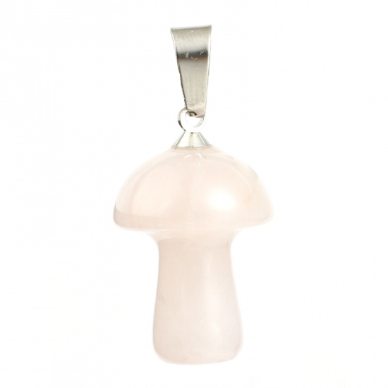 Picture of Rose Quartz ( Natural ) Pendants Silver Tone Light Pink Mushroom 3.2cm x 1.5cm, 1 Piece